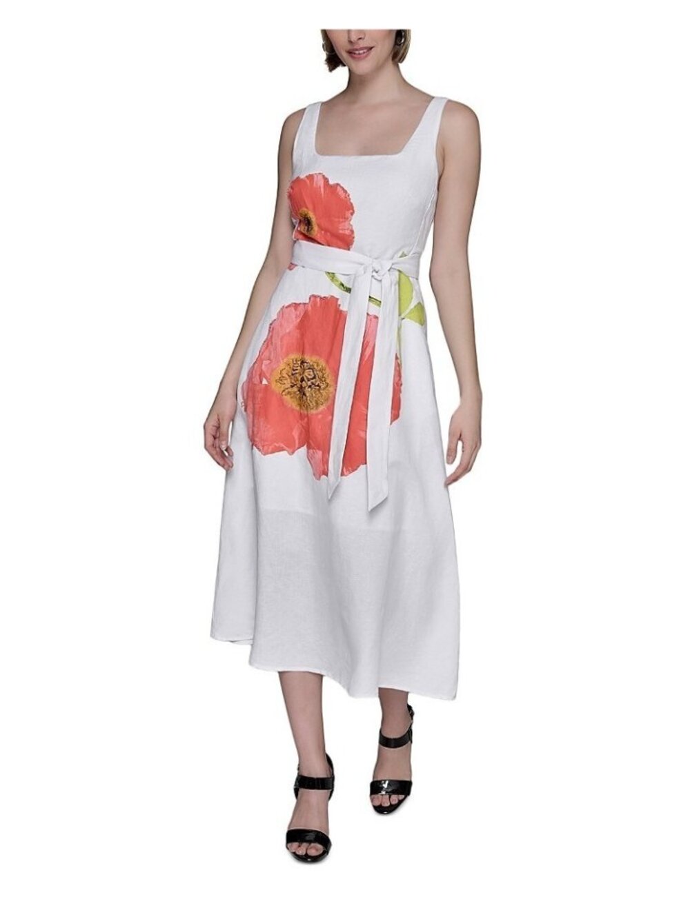 KARL LAGERFELD Women Floral-Print Linen-Blend A-Line Dress White Size 12 $189